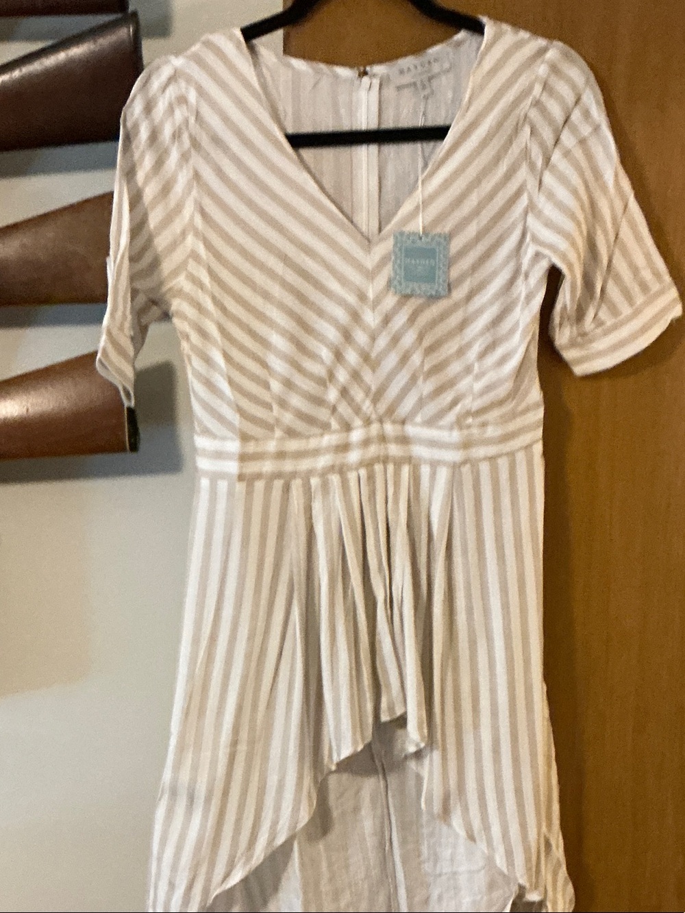 Hayden Beige and White Striped V-Neck Dress